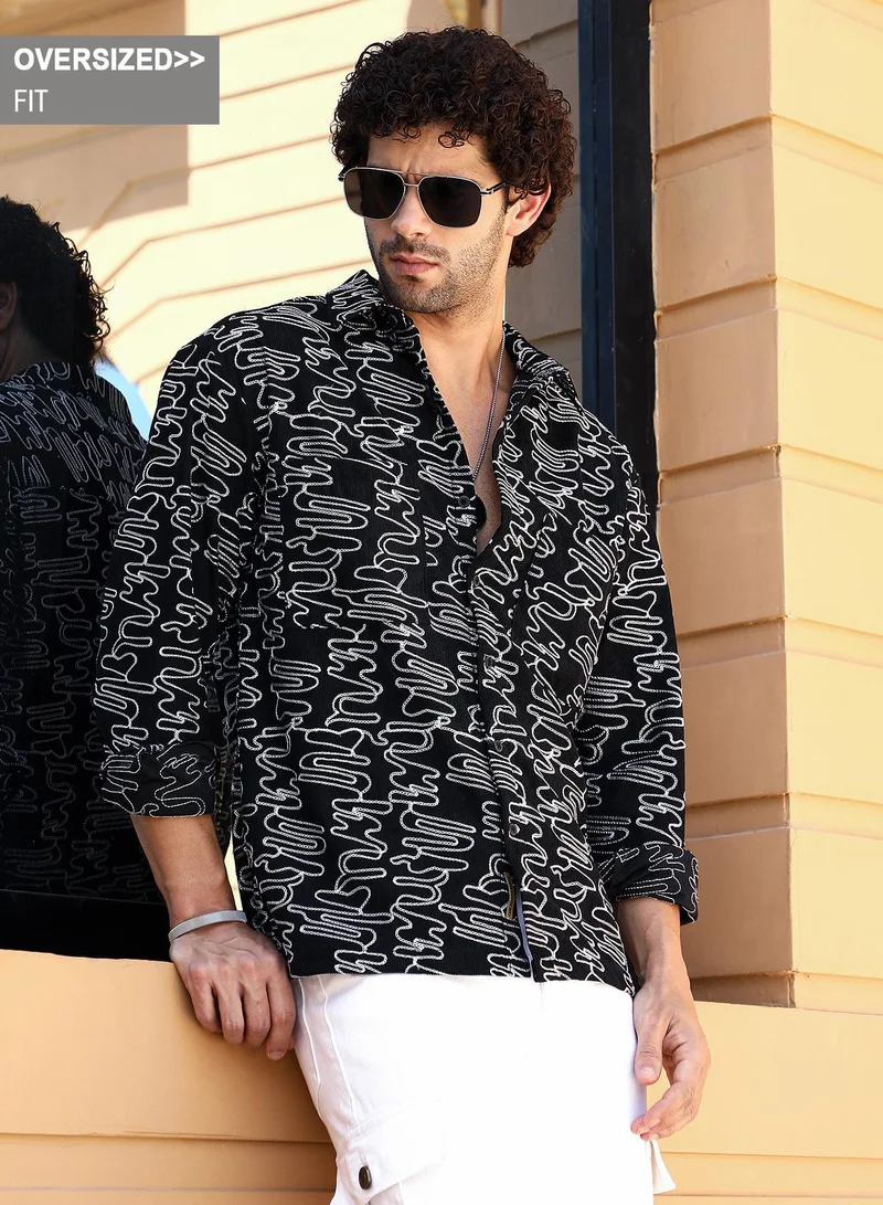 Campus Sutra Campus Sutra Men's Onyx Black Groovy-Stitch Corduroy Oversized Shirt For Casual Wear | Spread Collar | Long Cuffed Sleeves | Button Closure | Shirt Crafted With Comfort Fit For Everyday Wear