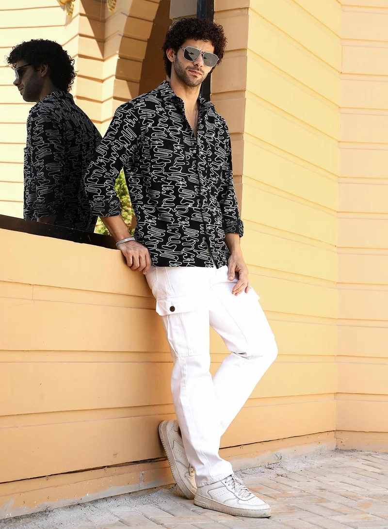 Campus Sutra Campus Sutra Men's Onyx Black Groovy-Stitch Corduroy Oversized Shirt For Casual Wear | Spread Collar | Long Cuffed Sleeves | Button Closure | Shirt Crafted With Comfort Fit For Everyday Wear
