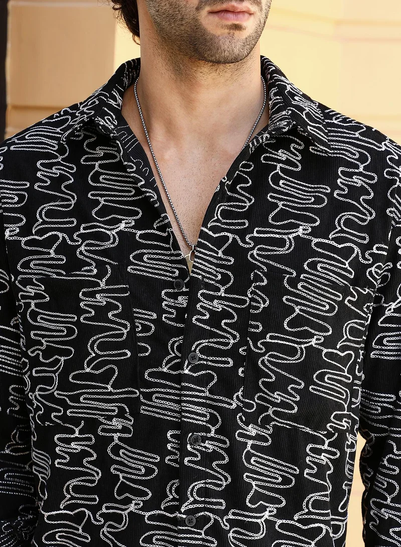 Campus Sutra Campus Sutra Men's Onyx Black Groovy-Stitch Corduroy Oversized Shirt For Casual Wear | Spread Collar | Long Cuffed Sleeves | Button Closure | Shirt Crafted With Comfort Fit For Everyday Wear
