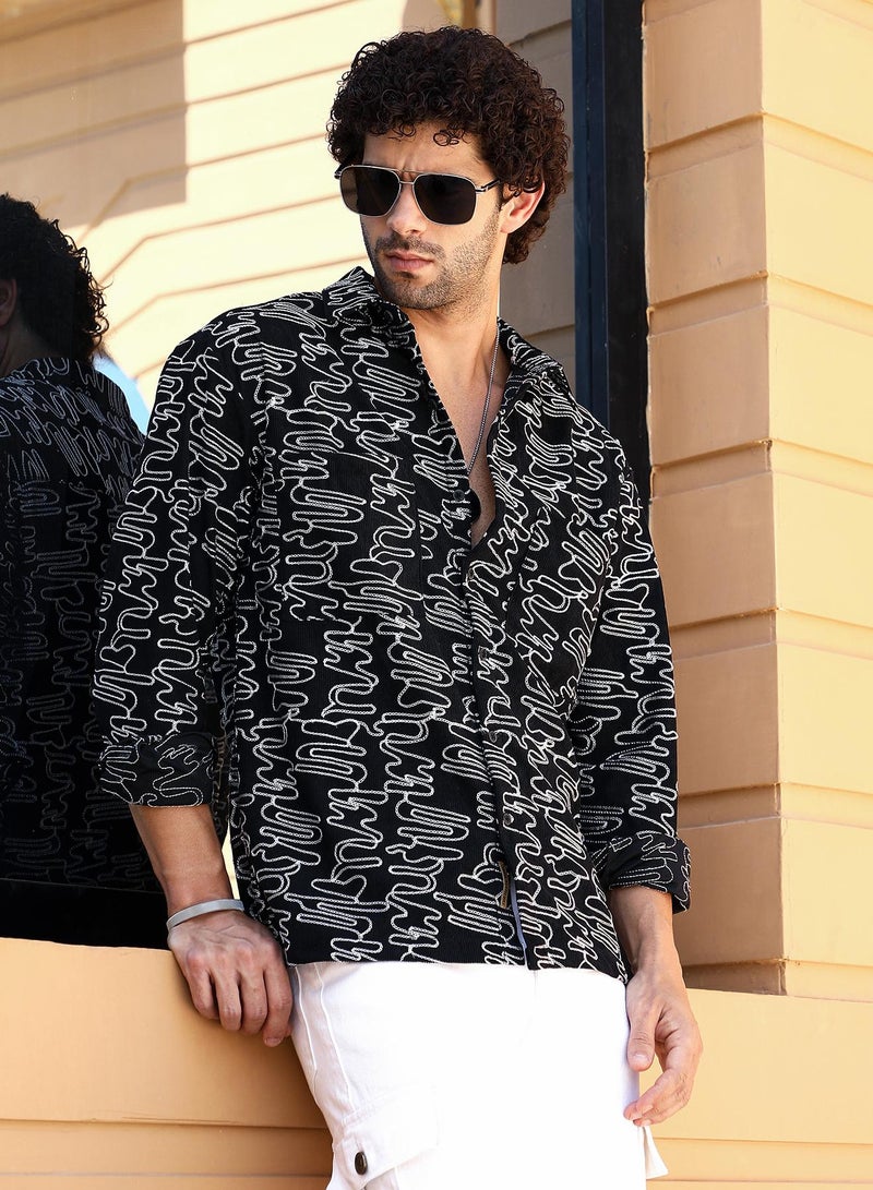 Campus Sutra Men's Onyx Black Groovy-Stitch Corduroy Oversized Shirt  - Image 1