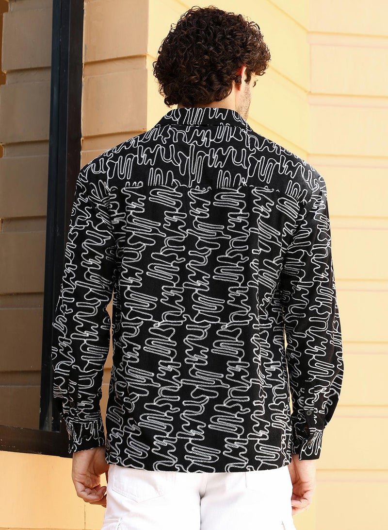 Campus Sutra Men's Onyx Black Groovy-Stitch Corduroy Oversized Shirt  - Image 5