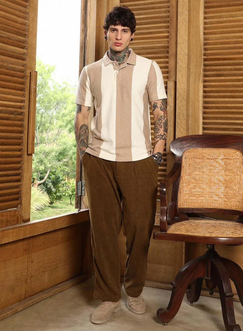 Campus Sutra Men's Tan Brown & Cream White Awning-Tactile Polo T-Shirt For Casual Wear | Polo Neck | Short Regular Sleeves | Half-Button Closure | T-Shirt Crafted With Comfort Fit For Everyday Wear