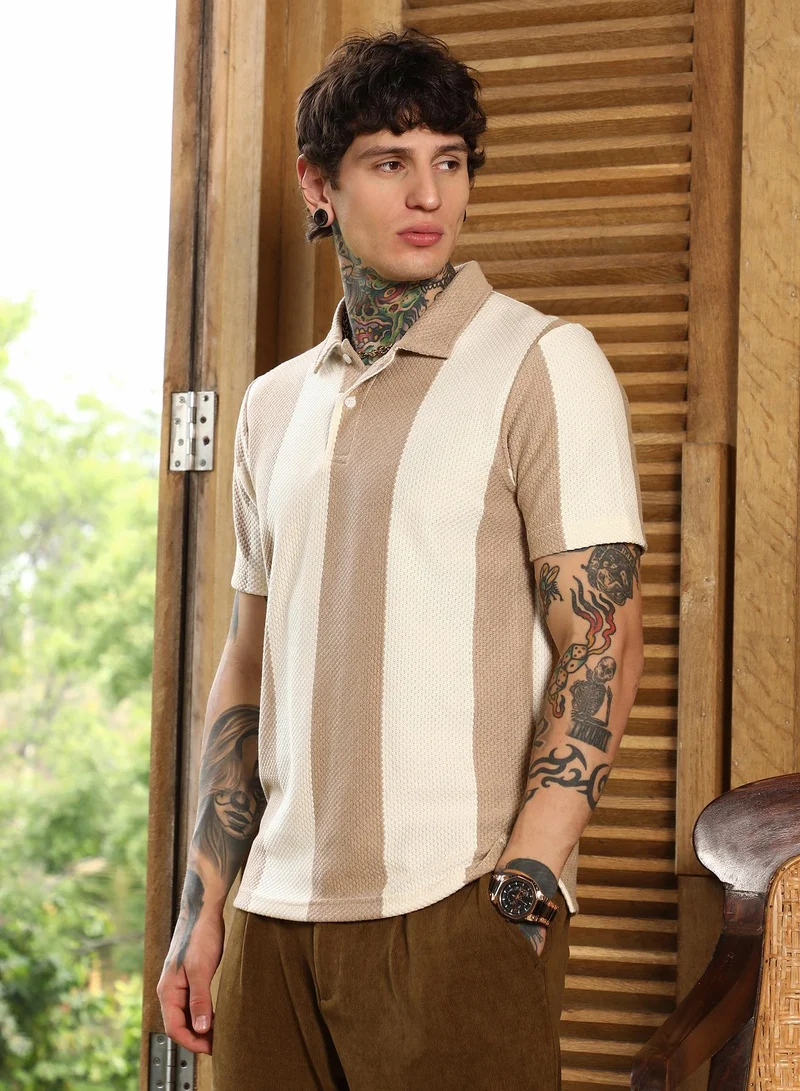 Campus Sutra Men's Tan Brown & Cream White Awning-Tactile Polo T-Shirt For Casual Wear | Polo Neck | Short Regular Sleeves | Half-Button Closure | T-Shirt Crafted With Comfort Fit For Everyday Wear