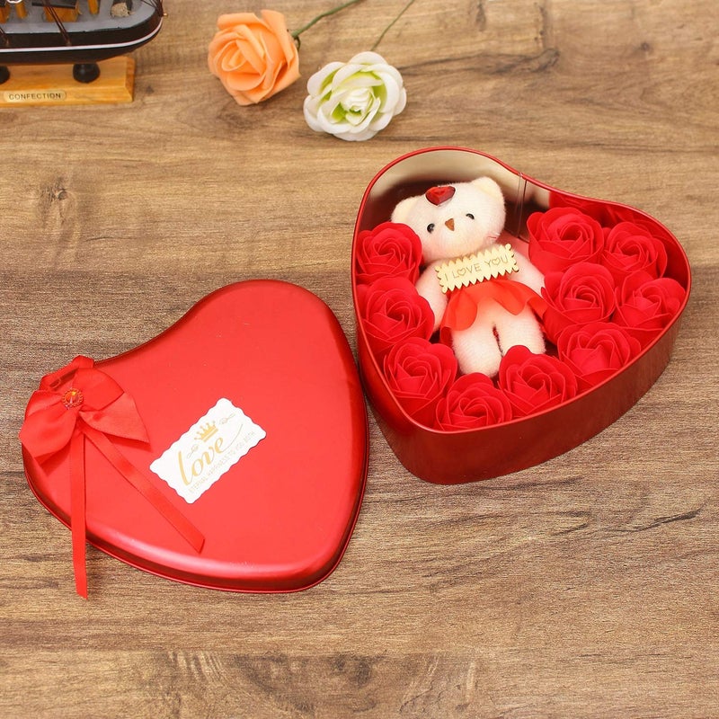 WebelKart Unique Valentine Day Gift for Wife Special Valentines Day Gift for Lover Valentine Day Gift for Wife Heart Shaped Box with Teddy and Roses - Image 1