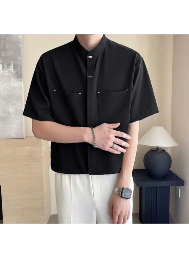 Summer New Style Handsome Boys' Drapey Stand-up Collar Shirt Men's Short-sleeved Loose New Chinese Style Men's Shirt Tops