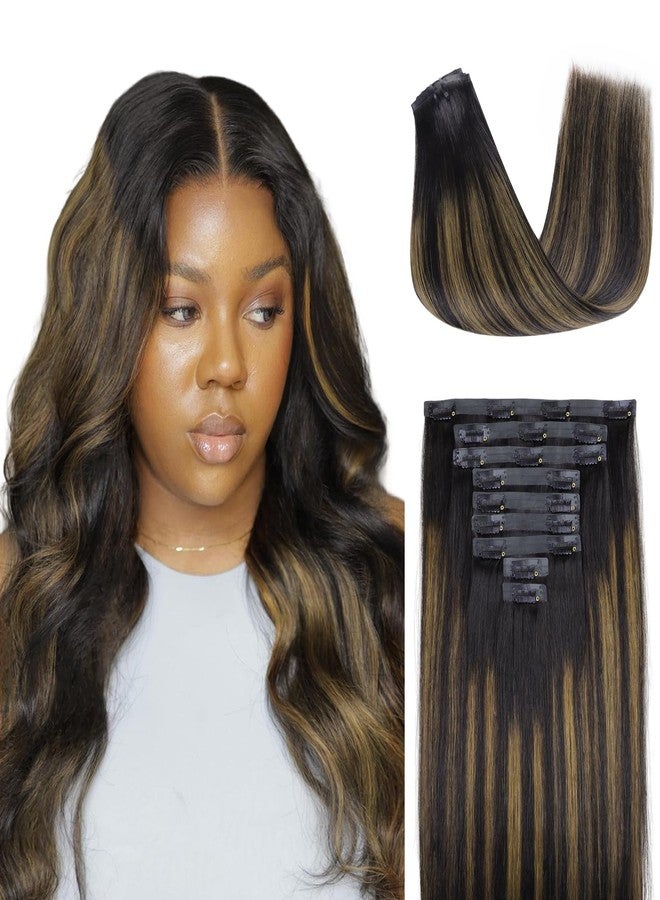 Lashey Seamless Clip in Hair Extensions Human Hair 9pcs Straight Natural Black Mixed Chestnut Brown 130g 18 Inch Clip in Hair Extensions with Thin PU Soft Invisible Edge for Women - Image 1