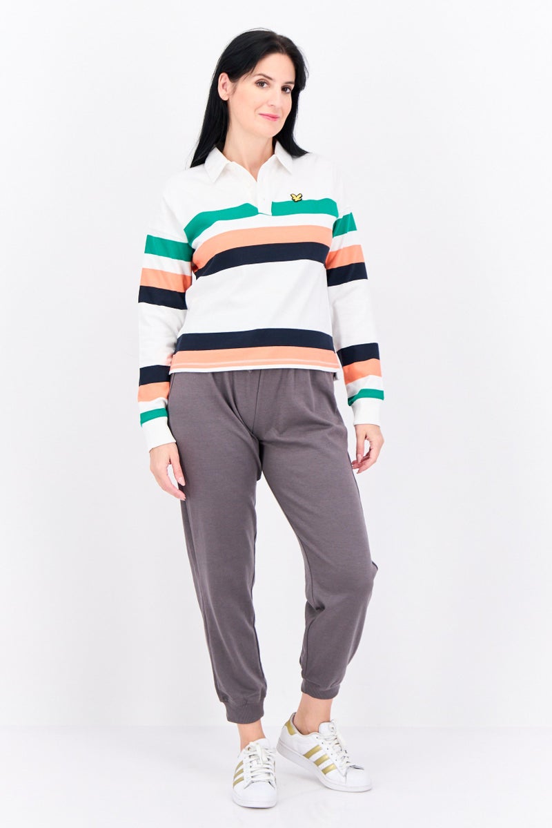 Lyle & Scott Women Spread Collar Stripe Long Sleeve Polo Shirt, White/Green Combo - Image 4