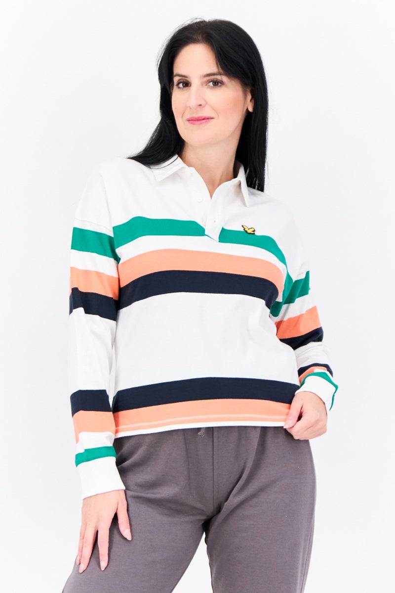 Lyle & Scott Women Spread Collar Stripe Long Sleeve Polo Shirt, White/Green Combo - Image 1