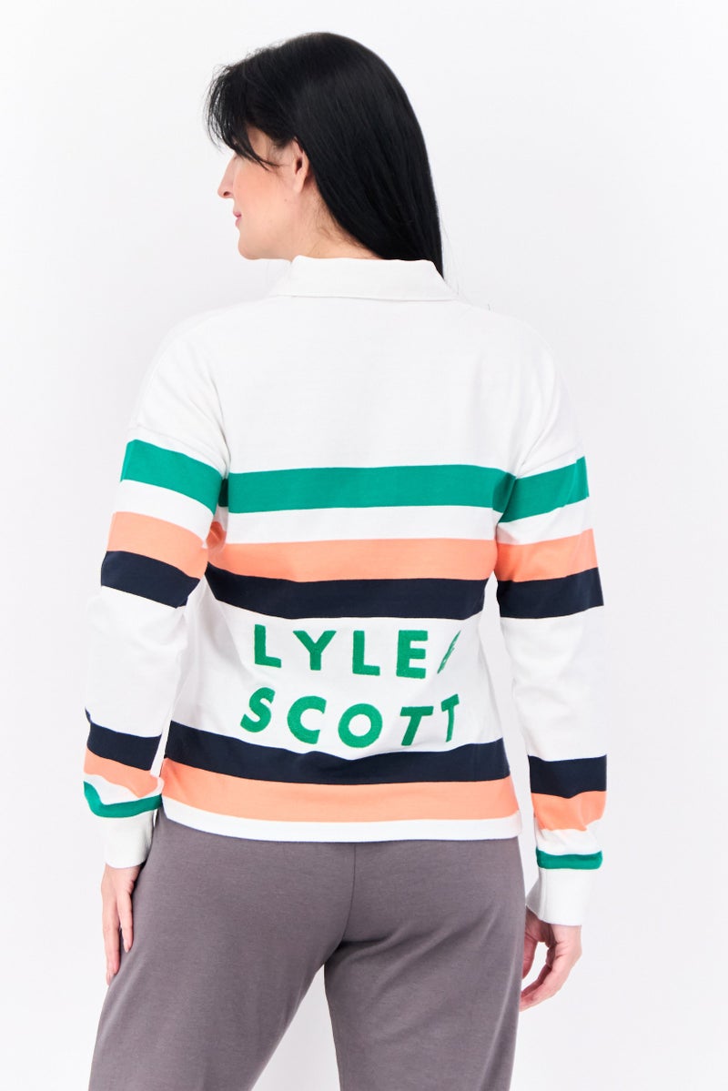 Lyle & Scott Women Spread Collar Stripe Long Sleeve Polo Shirt, White/Green Combo - Image 3