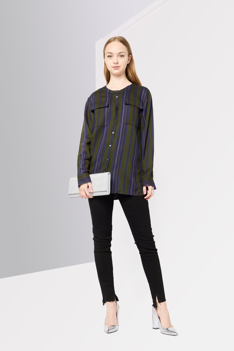 Harmont & Blaine Women Round Neck Long Sleeves Stripe Blouse, Olive  - Image 3