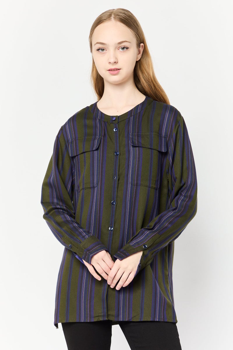 Harmont & Blaine Women Round Neck Long Sleeves Stripe Blouse, Olive  - Image 1