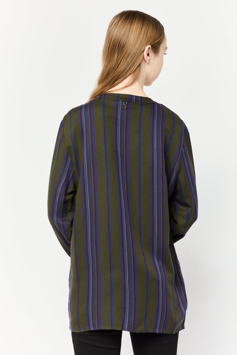 Harmont & Blaine Women Round Neck Long Sleeves Stripe Blouse, Olive  - Image 4