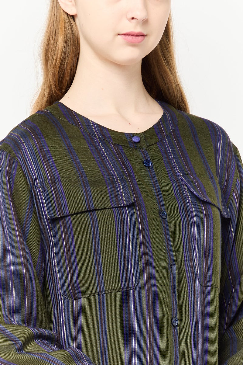Harmont & Blaine Women Round Neck Long Sleeves Stripe Blouse, Olive  - Image 2