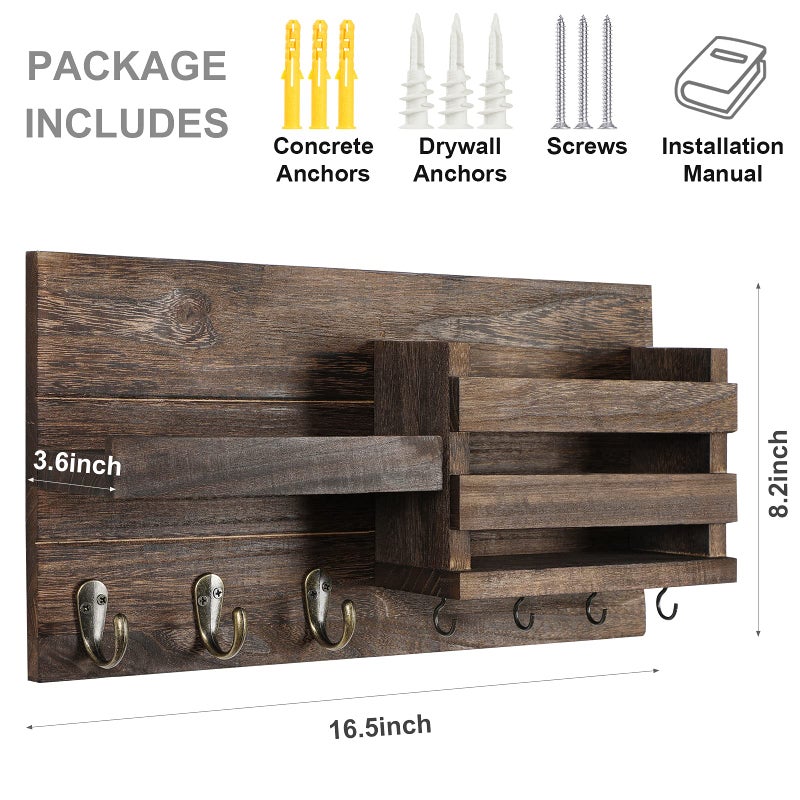 Lwenki Mail Organizer for Wall Mount â€“ Key Holder with Shelf Includes Letter Holder and Hooks for Coats, Dog Leashes â€“ Rustic Wood with Flush Mounting Hardware (16.5â€ x 8.7â€ x 3.5â€) - Image 5