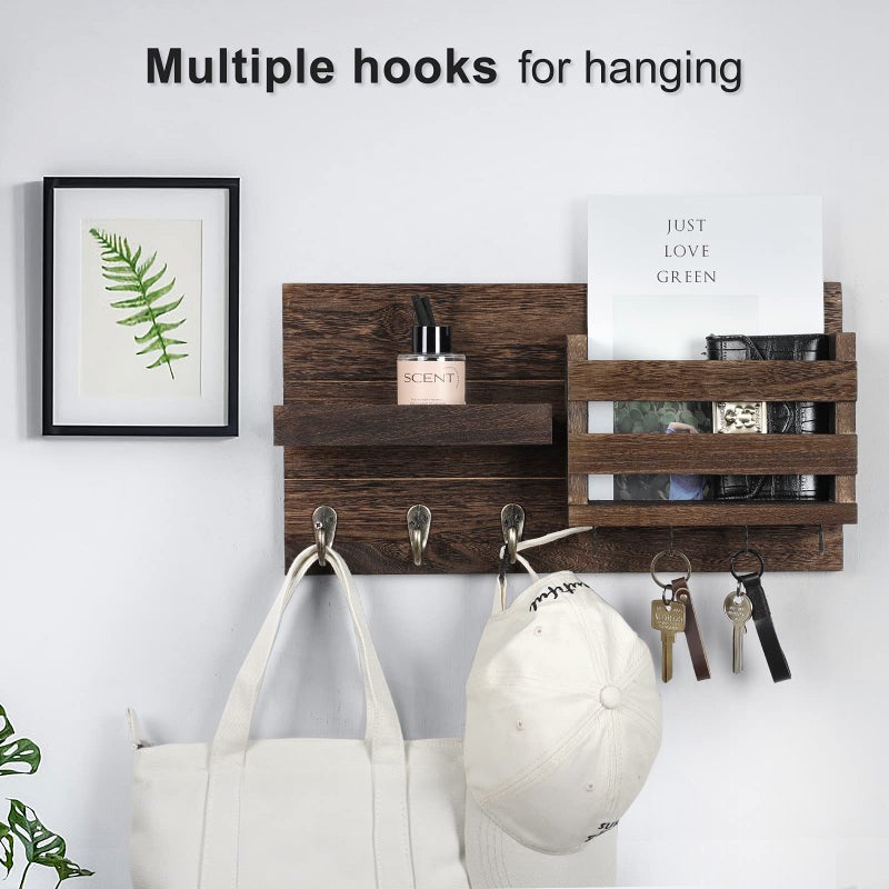 Lwenki Mail Organizer for Wall Mount â€“ Key Holder with Shelf Includes Letter Holder and Hooks for Coats, Dog Leashes â€“ Rustic Wood with Flush Mounting Hardware (16.5â€ x 8.7â€ x 3.5â€) - Image 3