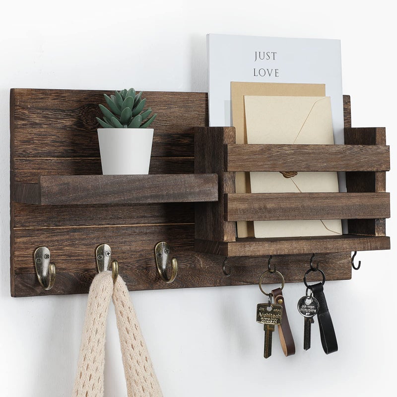 Lwenki Mail Organizer for Wall Mount â€“ Key Holder with Shelf Includes Letter Holder and Hooks for Coats, Dog Leashes â€“ Rustic Wood with Flush Mounting Hardware (16.5â€ x 8.7â€ x 3.5â€) - Image 1