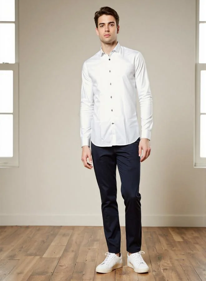 Dennis Lingo white Men's White Cotton Blend Solid Button Down Regular Fit Shirt for Men | Best Price UAE
