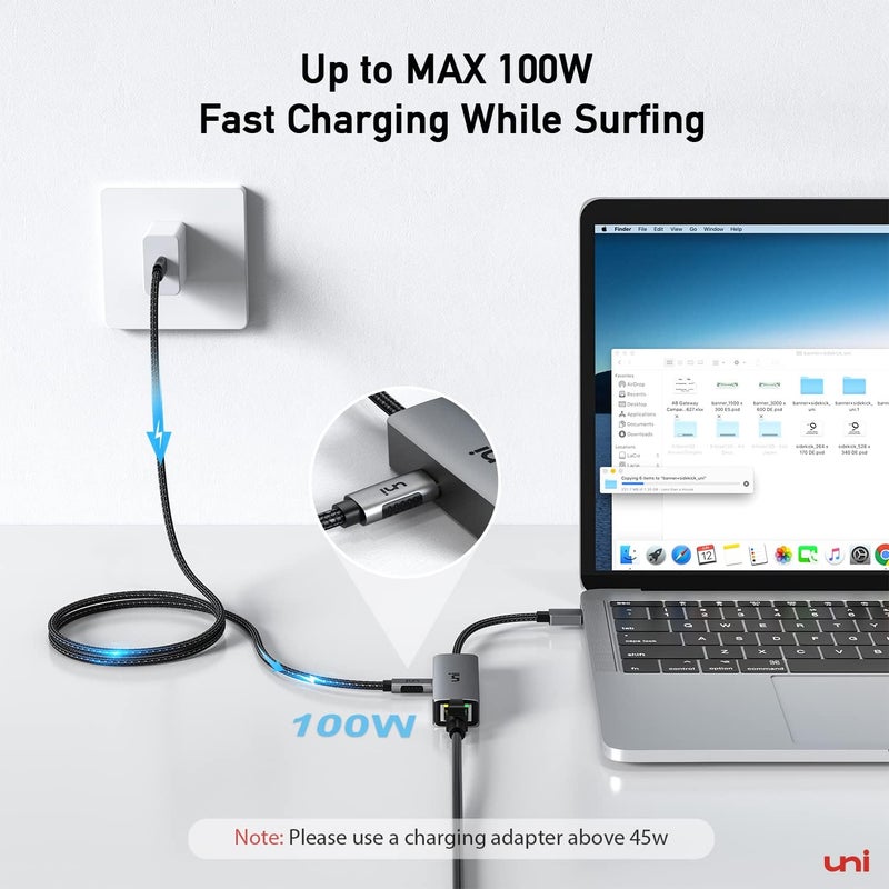 Uni محول USB C إلى Ethernet مع منفذ شحن 100 واط، RJ45 إلى USB C 1Gbps نوع-C محول Ethernet LAN شبكة الطاقة للتوصيل PD للابتوب، ماك بوك برو/اير، ديل XPS، كروم بوك، سيرفيس بوك - Image 3