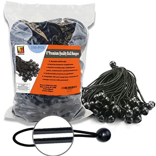 Wellmax 100-Pack 6 Inch Ball Bungee Cords by Wellmax - Heavy Duty, Versatile, and Built to Last - Ideal for Camping, Tarp Tie-Downs, Canopies, Hoses, Cords, and Wires - 5mm Thickness - Black Color - Image 1