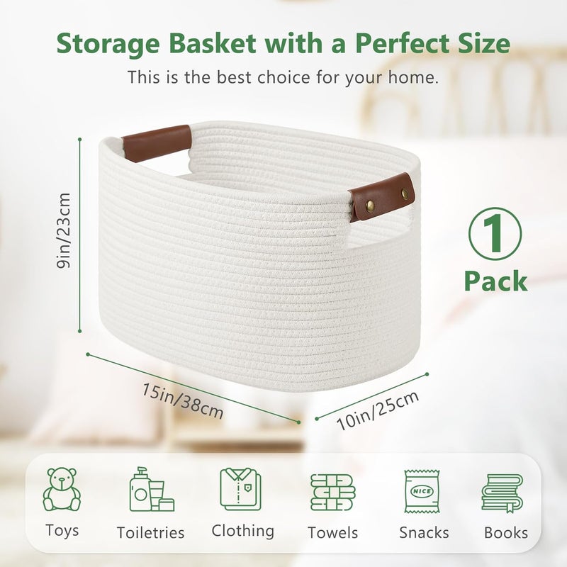 ECDYQXVU Cotton Rope Basket , Storage Baskets with Handle, 15x10x9 Inch Woven Basket for Shelves, Laundry, Towels, Clothes, Books, Toys (White 1Pack) - Image 3