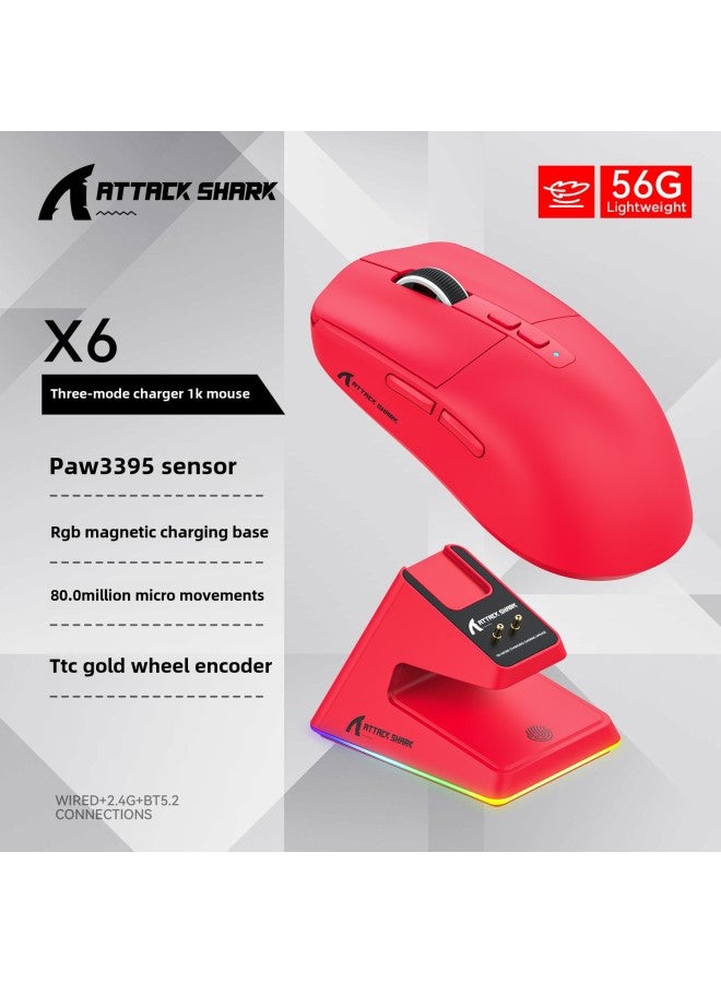 Attack Shark X6 Lightweight Gaming Mouse Wireless Bluetooth Rgb Charging Base Paw3395 Optical Mouse For Esports-Color:Attack Shark X6 Three-mode Mouse Red With RGB Charging Stand  - Image 1