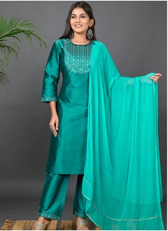 Riara Riara Embroidery Women Kurti Set With Dupatta Teal Round Neck S  - Image 1