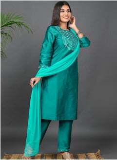 Riara Riara Embroidery Women Kurti Set With Dupatta Teal Round Neck S  - Image 2