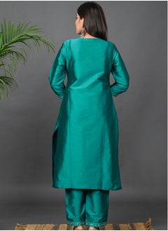 Riara Riara Embroidery Women Kurti Set With Dupatta Teal Round Neck S  - Image 5