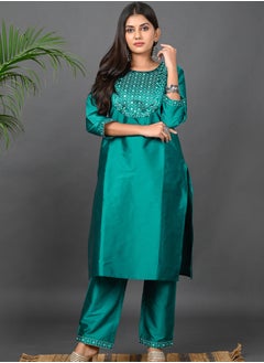 Riara Riara Embroidery Women Kurti Set With Dupatta Teal Round Neck S  - Image 4