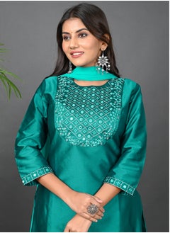 Riara Riara Embroidery Women Kurti Set With Dupatta Teal Round Neck S  - Image 3