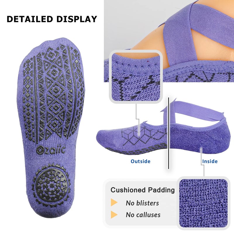 Ozaiic Pilates Socks for Women Non Slip Grip, Yoga Socks with Grippers for Barre, Hospital, Ballet, Dance, Barefoot Workout (4 Pairs -Blue/Purple/Pink/Dark Gray) - Image 3