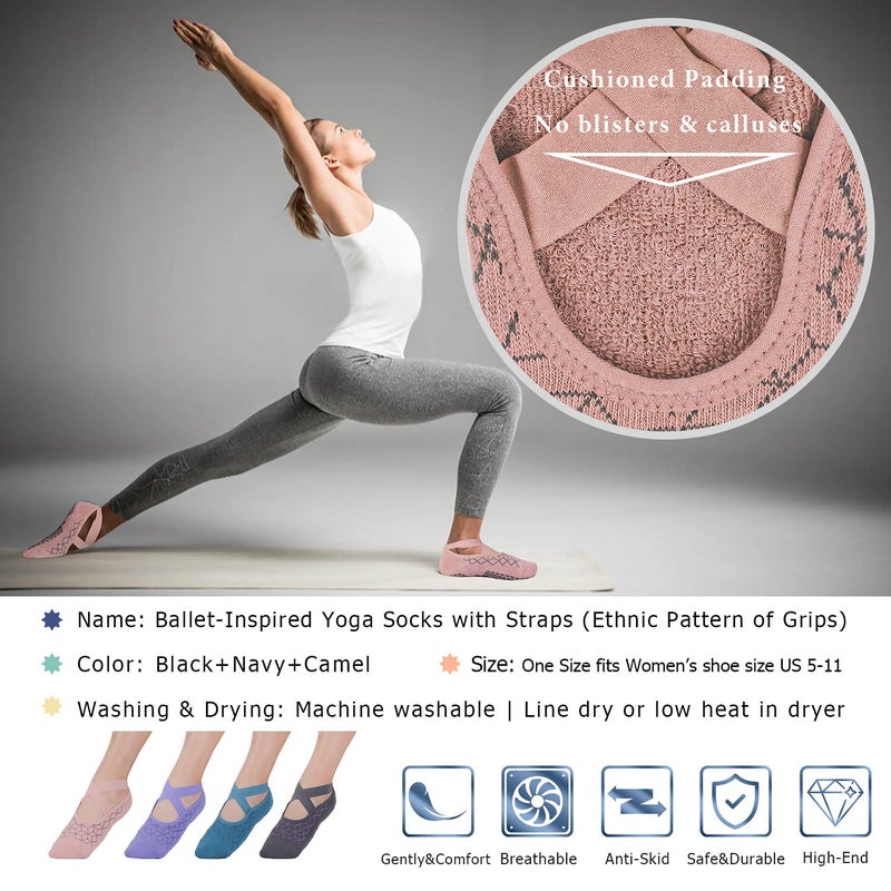 Ozaiic Pilates Socks for Women Non Slip Grip, Yoga Socks with Grippers for Barre, Hospital, Ballet, Dance, Barefoot Workout (4 Pairs -Blue/Purple/Pink/Dark Gray) - Image 5