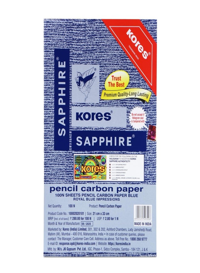 Kores Carbon Paper Sapphire Blue - Pack of 100 Sheets | India's No.1 Carbon Paper Brand | Non-Smudge Royal Blue Impressions | Compatible with Pen & Pencil | Clean Duplication for Office, Billing Use and Artwork Tracing - Image 1