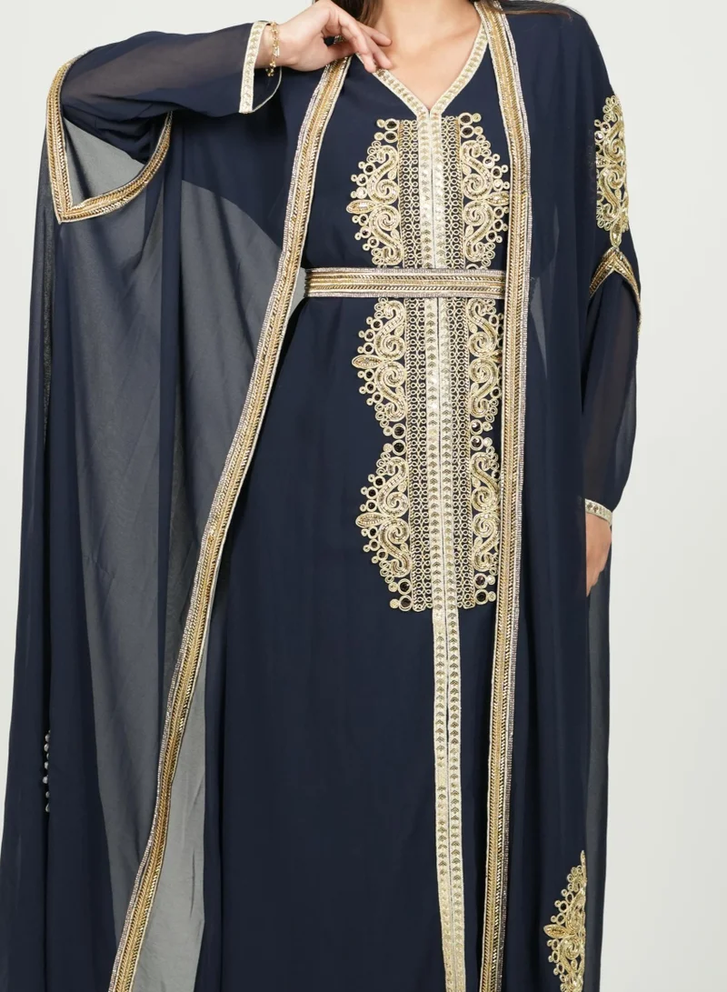 AL BENT AL SHARQIEH navy blue embroidered kaftan dress jalabia for Women | Best Price UAE