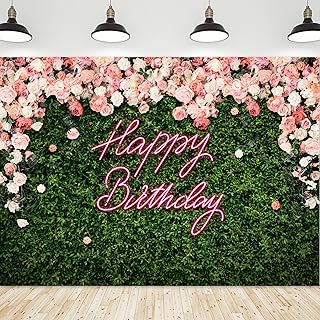 Riyidecor Green Leaves Happy Birthday Backdrop Polyester Fabric Neon Pink Rose Flower Floral Blossom Botanical Plant - Image 1