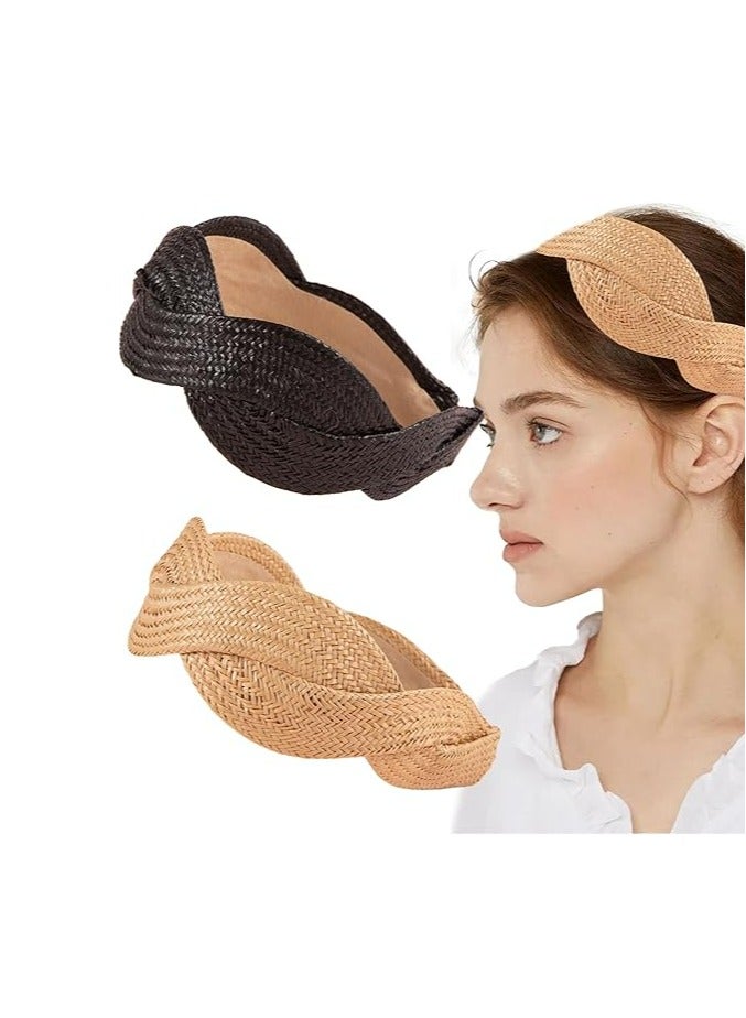 أوزيغالور 2 حزمة أغطية الرأس من القش ذات العرض الواسع للنساء والفتيات، أغطية الشعر البوهوية الميكسة غير السريعة للنساء الأزياء - Image 1