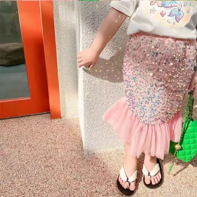 Girls Mermaid Skirt Summer Baby Big Sequin Fishtail Skirt Shiny Fashionable Baby Children Princess Skirt - Image 1