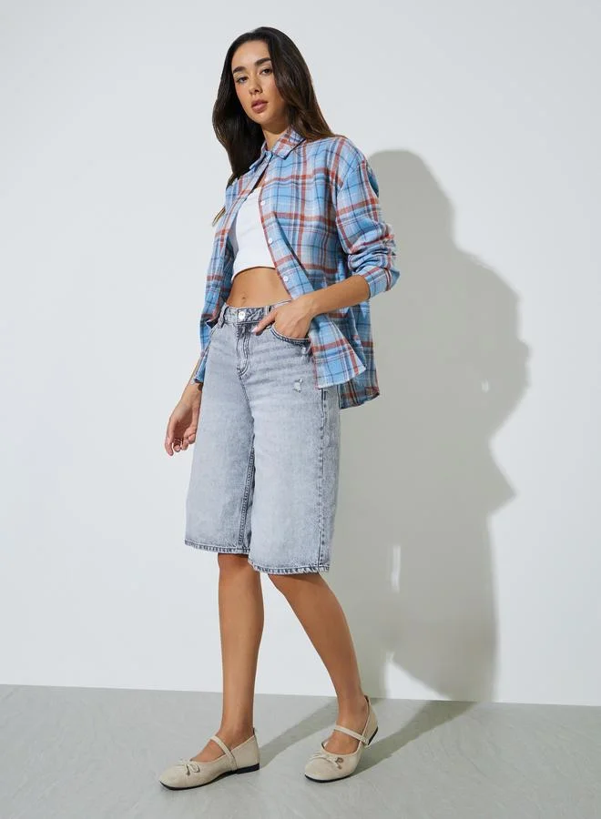ستايلي Blue Plaid Long Sleeve Casual Shirt