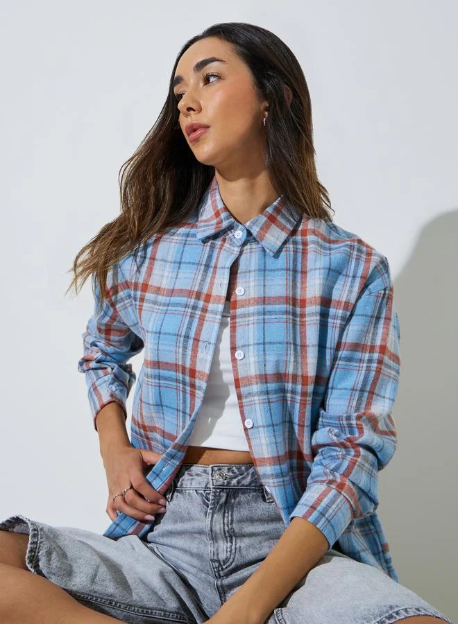 ستايلي Blue Plaid Long Sleeve Casual Shirt