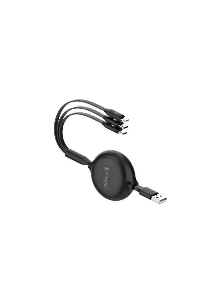 Celebrat HB-11 3 In 1 Portable USB To Type-C , Lightning, Micro Fast Charge And Data Transmission Cable With Flat wire Design And Stretchable Fits Mobile Phone 3A /1200mm - Black