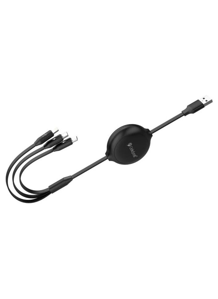 Celebrat HB-11 3 In 1 Portable USB To Type-C , Lightning, Micro Fast Charge And Data Transmission Cable With Flat wire Design And Stretchable Fits Mobile Phone 3A /1200mm - Black