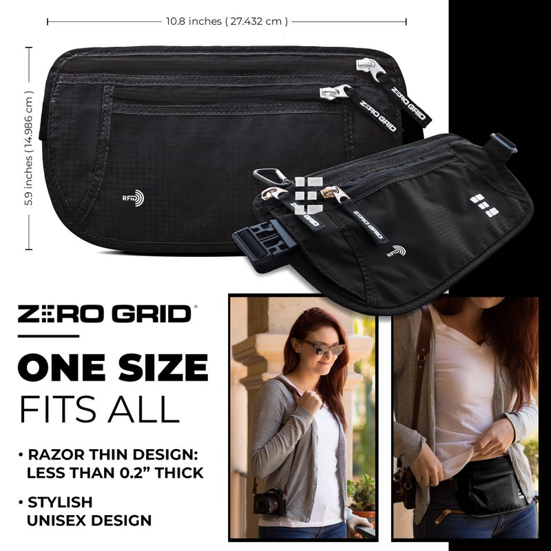 Zero Grid حزام المال للسفر الآمن - حامل جواز سفر نحيف مع حجب RFID - حقيبة خفية للخصر للنقود وبطاقات الائتمان والمستندات - قابلة للإخفاء تحت الملابس، حزام سفر مقاوم للماء للرجال والنساء - Image 5