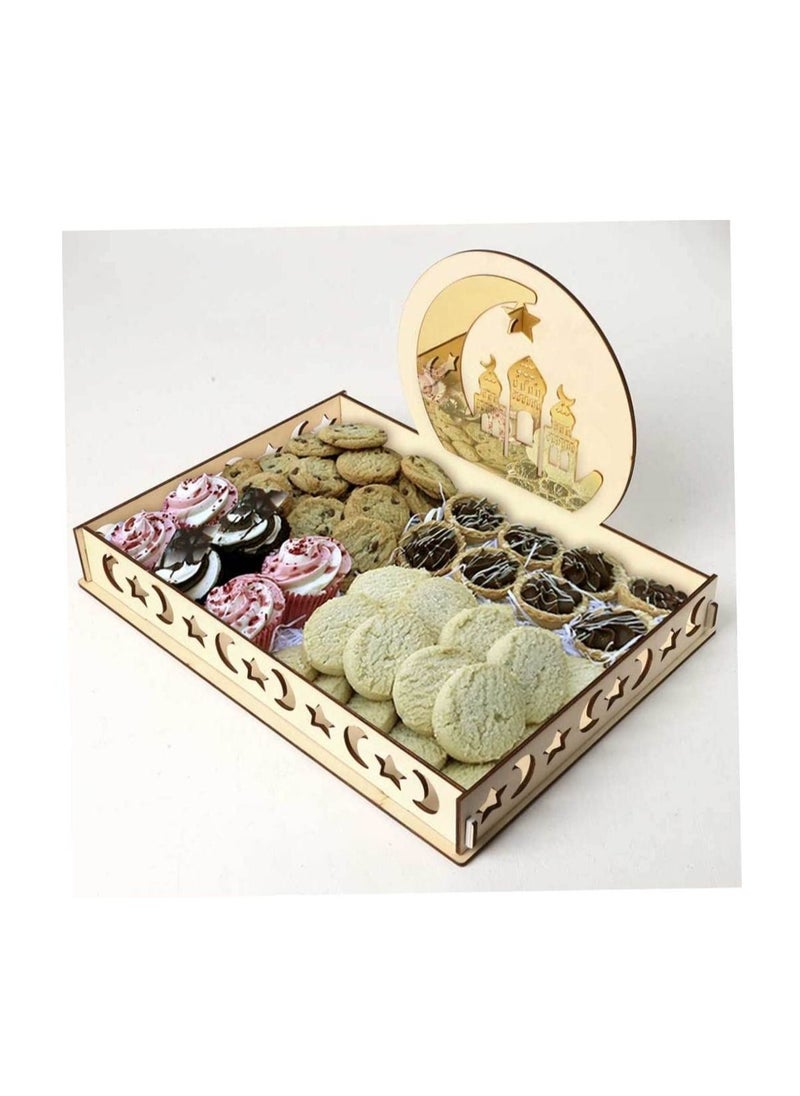 Ramadan Wooden Tray Eid Mubarak Dessert Plates Ramadan Moon Star Serving Tableware Decor