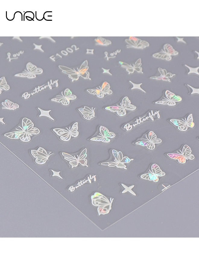 Unique 8 Sheets Black & White Laser Butterfly Nail Art Sticker, Self Adhesive Nail Decals, Nail Polish Decoration, Butterfly Flower Nail Decoration DIY Nail Art Decoration For Girls - Image 3