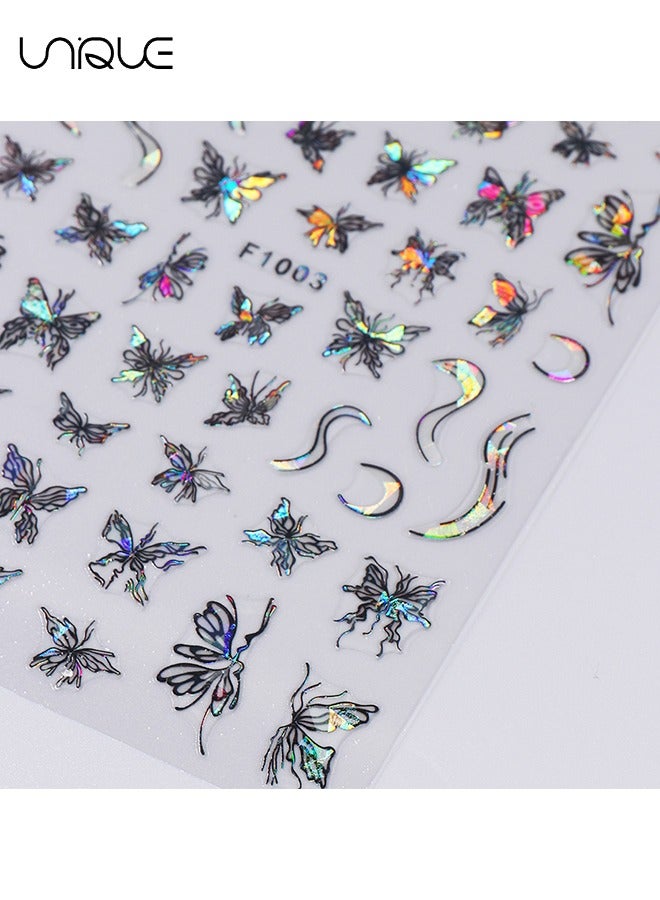 Unique 8 Sheets Black & White Laser Butterfly Nail Art Sticker, Self Adhesive Nail Decals, Nail Polish Decoration, Butterfly Flower Nail Decoration DIY Nail Art Decoration For Girls - Image 4