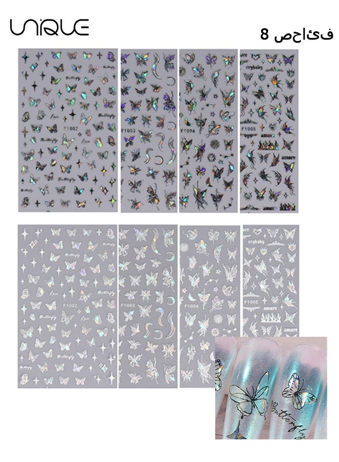 Unique 8 Sheets Black & White Laser Butterfly Nail Art Sticker, Self Adhesive Nail Decals, Nail Polish Decoration, Butterfly Flower Nail Decoration DIY Nail Art Decoration For Girls - Image 1