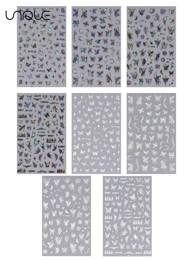 Unique 8 Sheets Black & White Laser Butterfly Nail Art Sticker, Self Adhesive Nail Decals, Nail Polish Decoration, Butterfly Flower Nail Decoration DIY Nail Art Decoration For Girls - Image 2