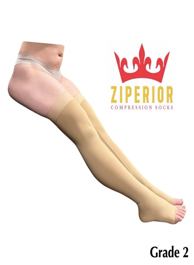 Ziperior جوارب ضاغطة عالية الفخذ من زيبيريور، ضغط 20-30 مم زئبق، ساق عريضة، سحاب داخلي، مقدمة مفتوحة (لون بيج، مقاس 3XL) - Image 3