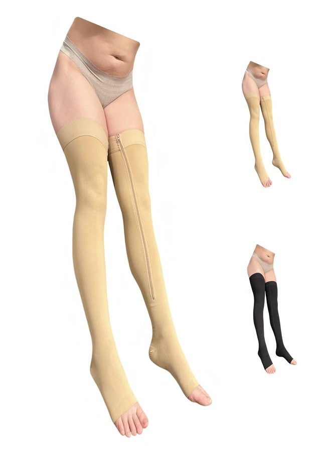 Ziperior جوارب ضاغطة عالية الفخذ من زيبيريور، ضغط 20-30 مم زئبق، ساق عريضة، سحاب داخلي، مقدمة مفتوحة (لون بيج، مقاس 3XL) - Image 1