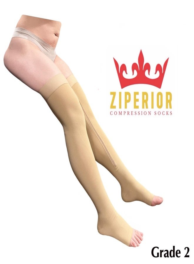 Ziperior جوارب ضاغطة عالية الفخذ من زيبيريور، ضغط 20-30 مم زئبق، ساق عريضة، سحاب داخلي، مقدمة مفتوحة (لون بيج، مقاس 3XL) - Image 2